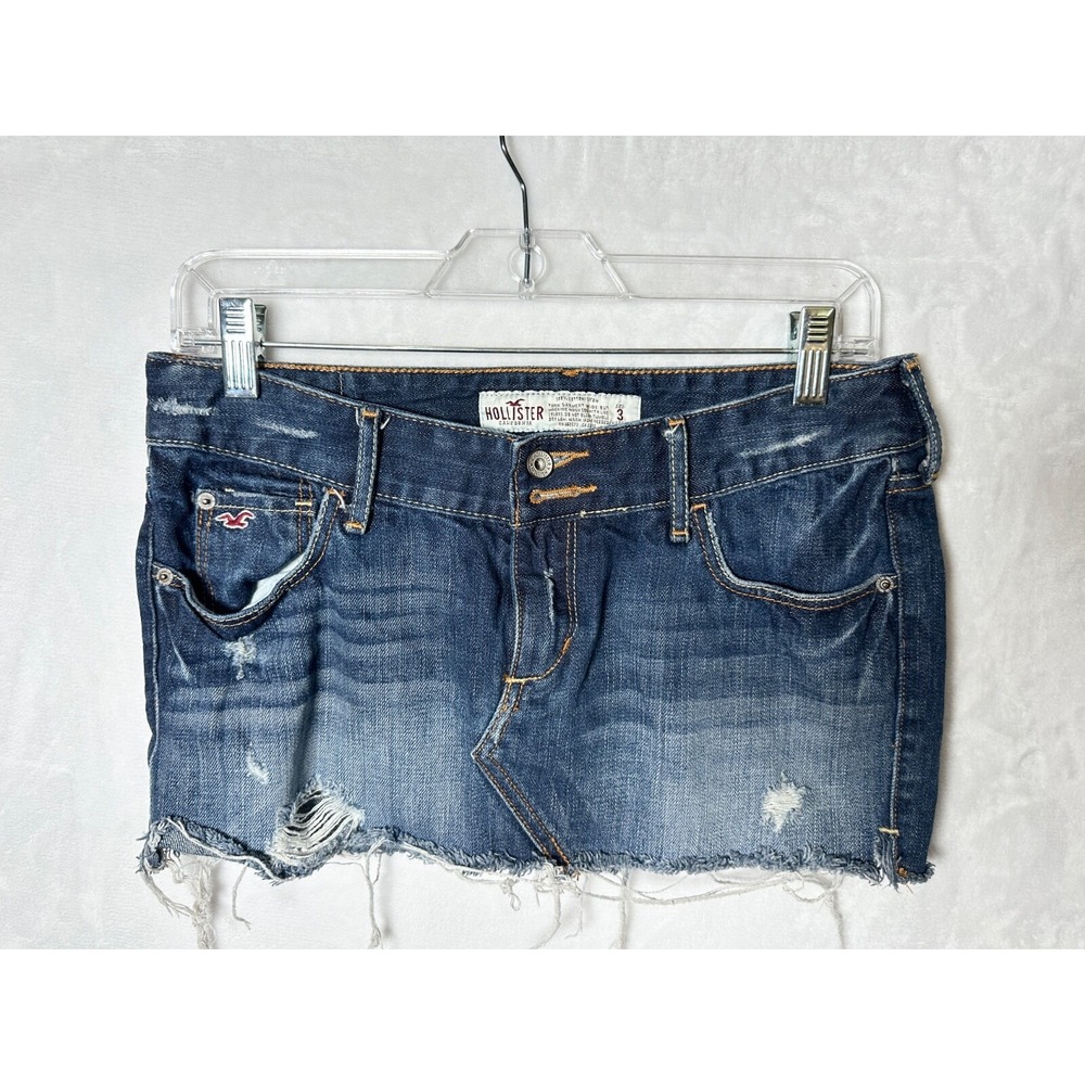 Y2K Hollister Blue Distressed Denim Mini Skirt Size 3 Raw Hem Cutoff Jean Skirt